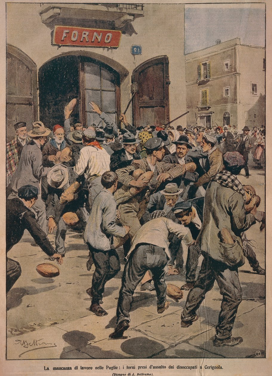 Schwere Arbeitskräftemangel in Apulien, Öfen werden von Cerignolas Arbeitslosen gestürmt, von Achille Beltrame, Illustration, Illustrator Achille Beltrame (1871-1945), aus La Domenica del Corriere, 20. Dezember 1908 von Achille Beltrame