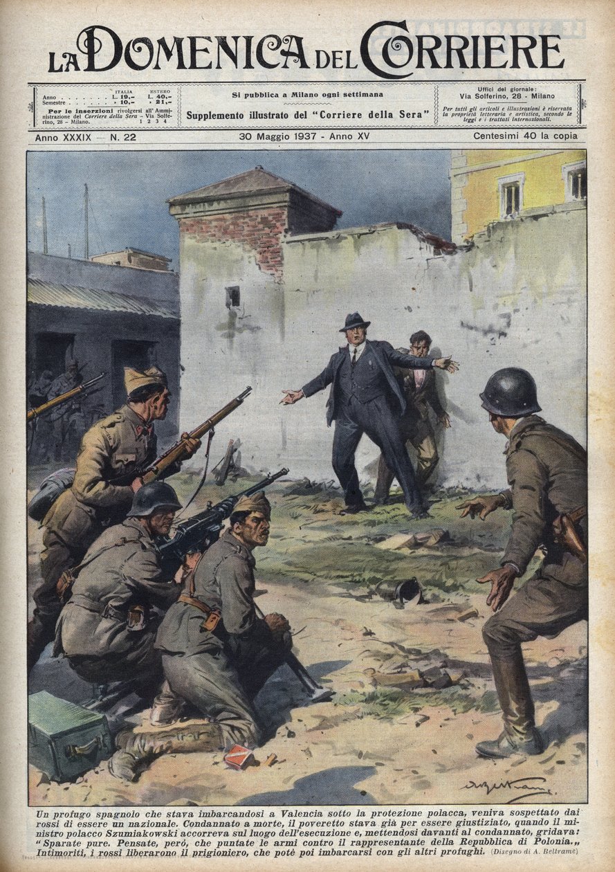 Spanischer Bürgerkrieg: Polnischer Diplomat, der bei der Einschiffung in Valencia nach Polen von republikanischen Truppen gefangen genommen wurde, entging dank der Intervention des polnischen Ministers Szumiakowski knapp der Hinrichtung. Illustration von A von Achille Beltrame