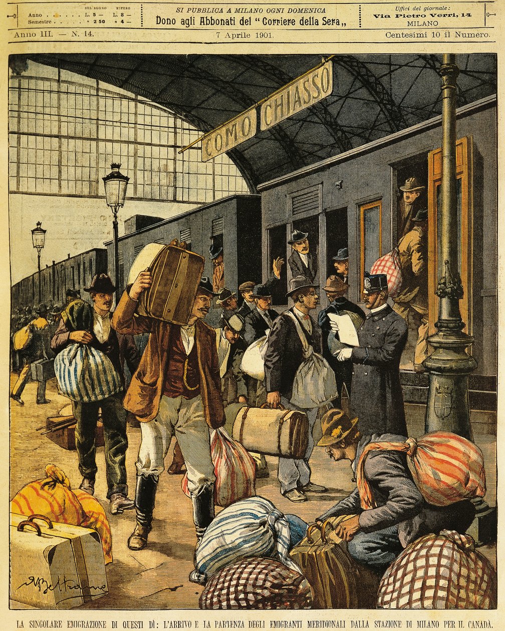 Die große Emigration: Ankünfte und Abreisen süditalienischer Auswanderer nach Kanada, von Achille Beltrame (1871-1945), aus La Domenica del Corriere, 7. April 1901 von Achille Beltrame