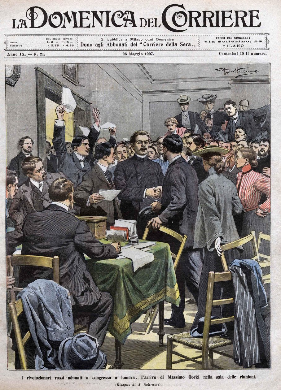 Die Ankunft von Maxim Gorki im Sitzungssaal des Kongresses in London nach der Revolution von 1905 in Russland. Titelblatt von La Domenica del Corriere vom 26.05.1907. von Achille Beltrame