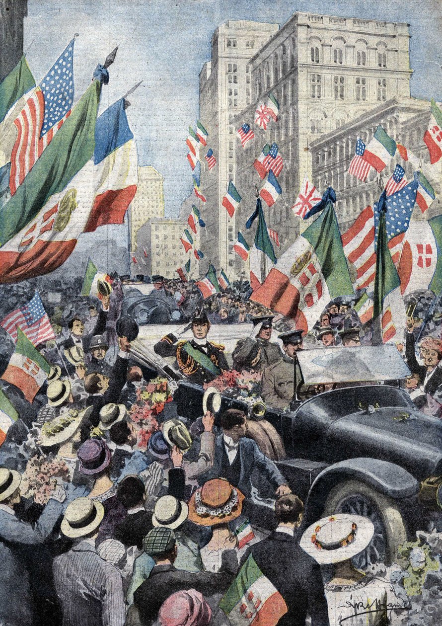 Der begeisterte Empfang des amerikanischen Volkes für Ferdinand de Savoy, Herzog von Genua und Prinz von Udine (1884 - 1963), als er in Boston ankam. Ill. von Beltrame. La Domenica del Corriere. 06/1917. von Achille Beltrame