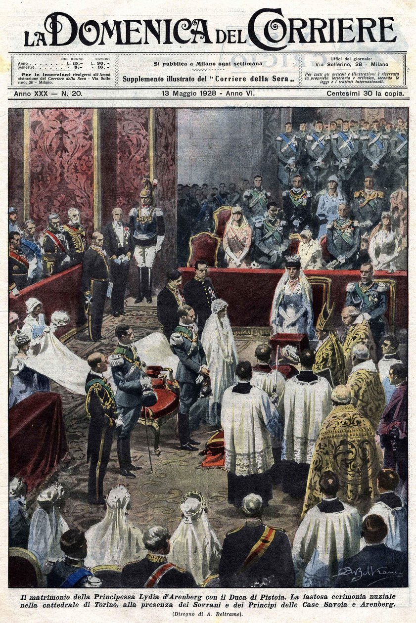 Hochzeit von Prinzessin Lydia von Arenberg und Herzog von Pistoia, Ill. von Baltrame, La Domenica del Corriere, 13.05.1928 von Achille Beltrame