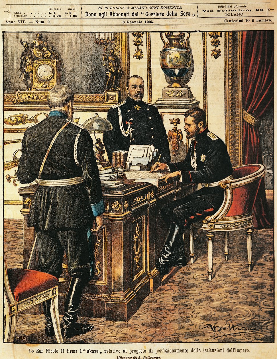 Zar Nikolaus II unterzeichnet Projekt für institutionelle Reformen, von Achille Beltrame (1871-1945), aus La Domenica del Corriere, 8. Januar 1905 von Achille Beltrame