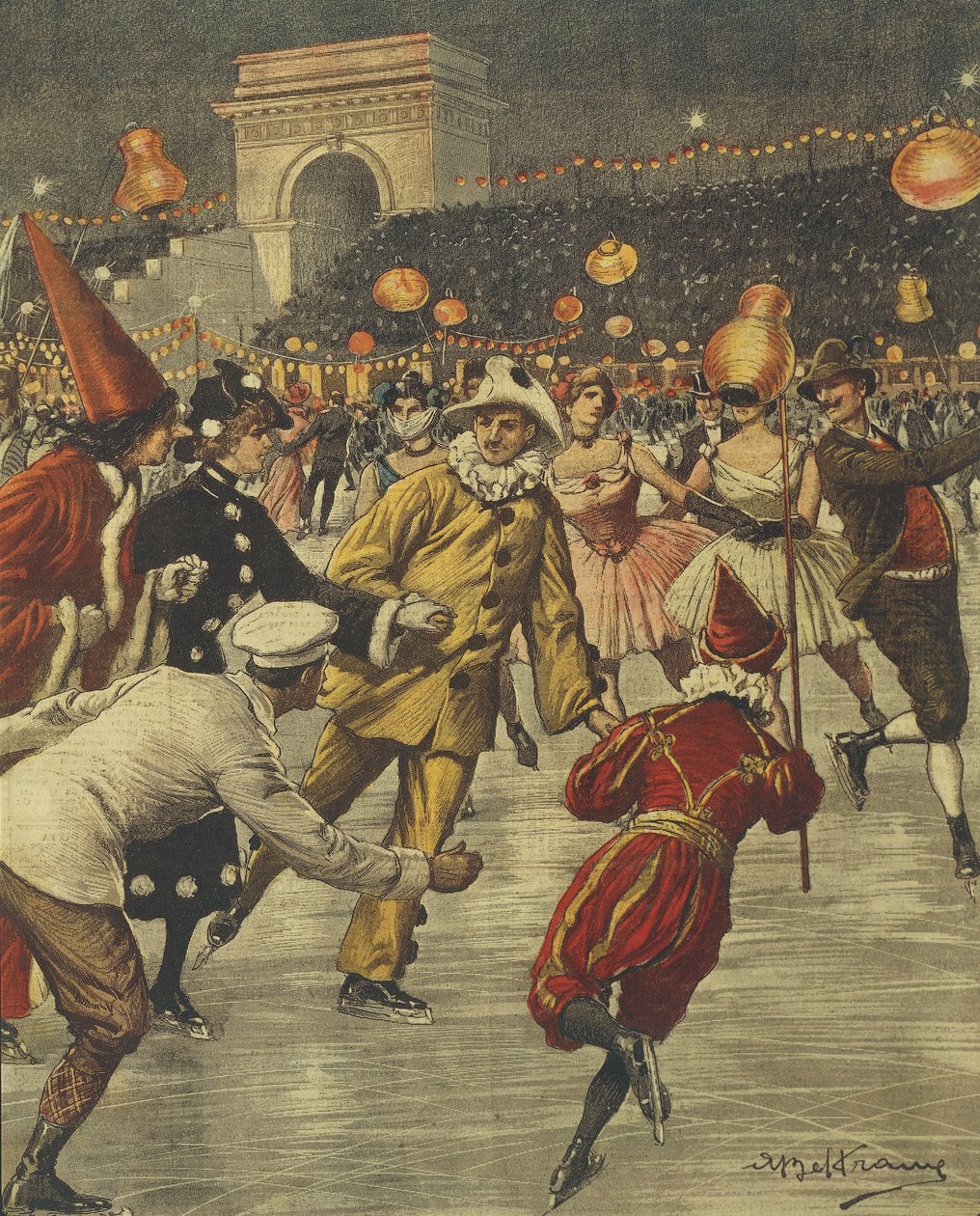 Typische Kostümparty auf dem Eis in Aren in Mailand, von Achille Beltrame, Illustration, Illustrator Achille Beltrame (1871-1945), aus La Domenica del Corriere von Achille Beltrame