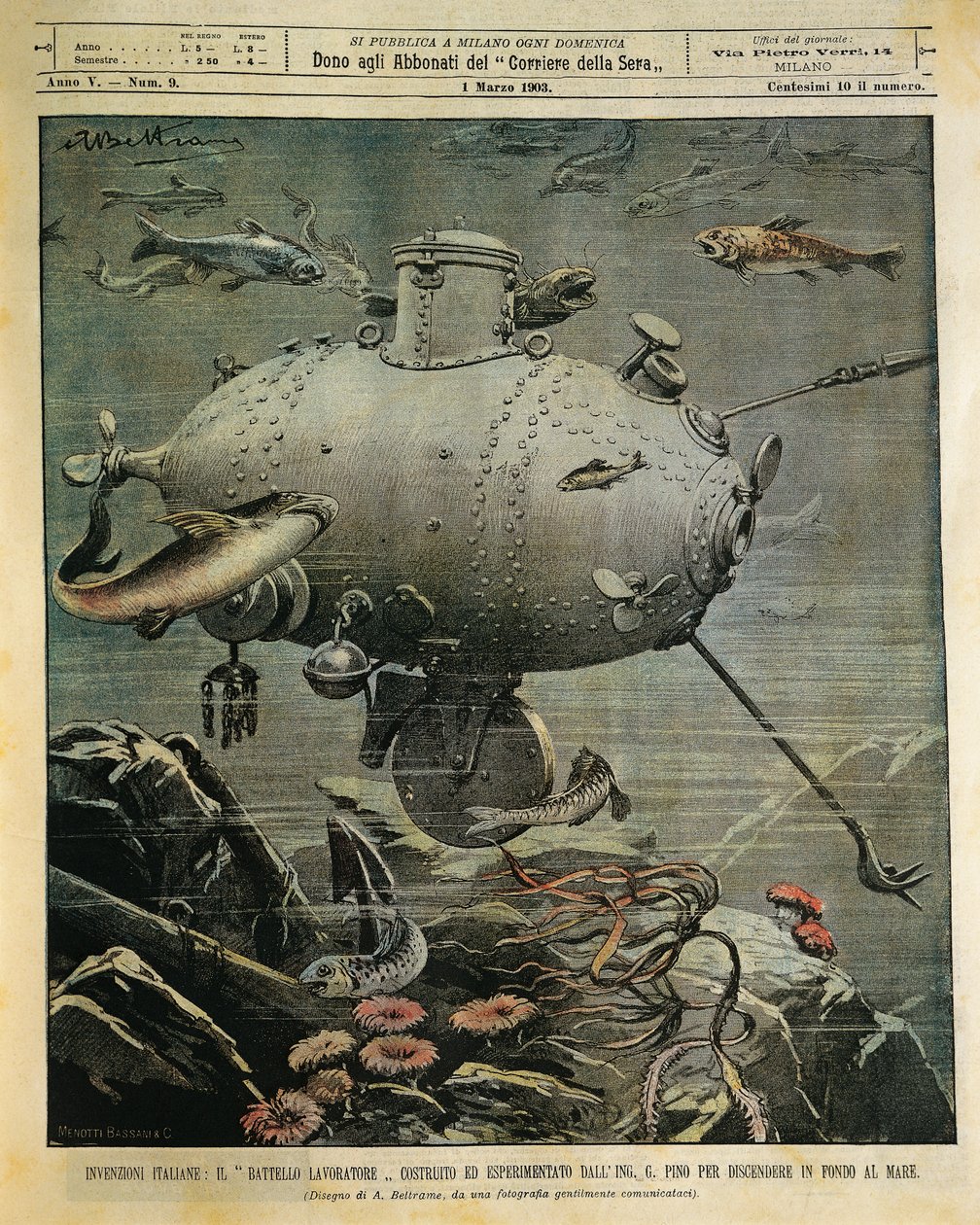 Unterwasserfahrzeug zur Erforschung des Meeresbodens, Illustration von Achille Beltrame von Achille Beltrame