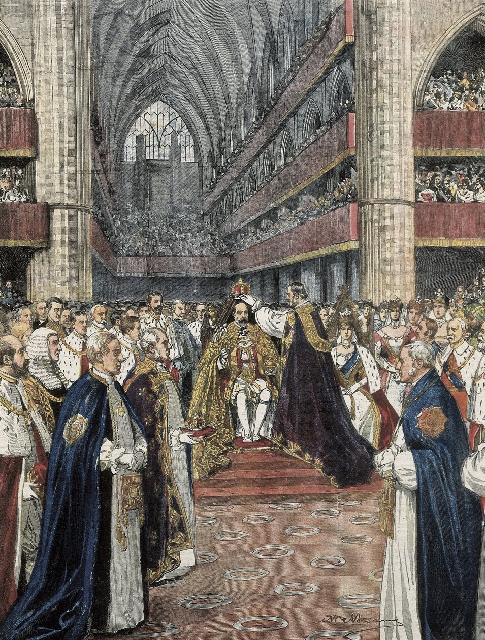 Krönung von Edward VII. in der Westminster Abbey. Illustration von Achille Beltrame, veröffentlicht in Domenica del Corriere. Gravur. von Achille Beltrame