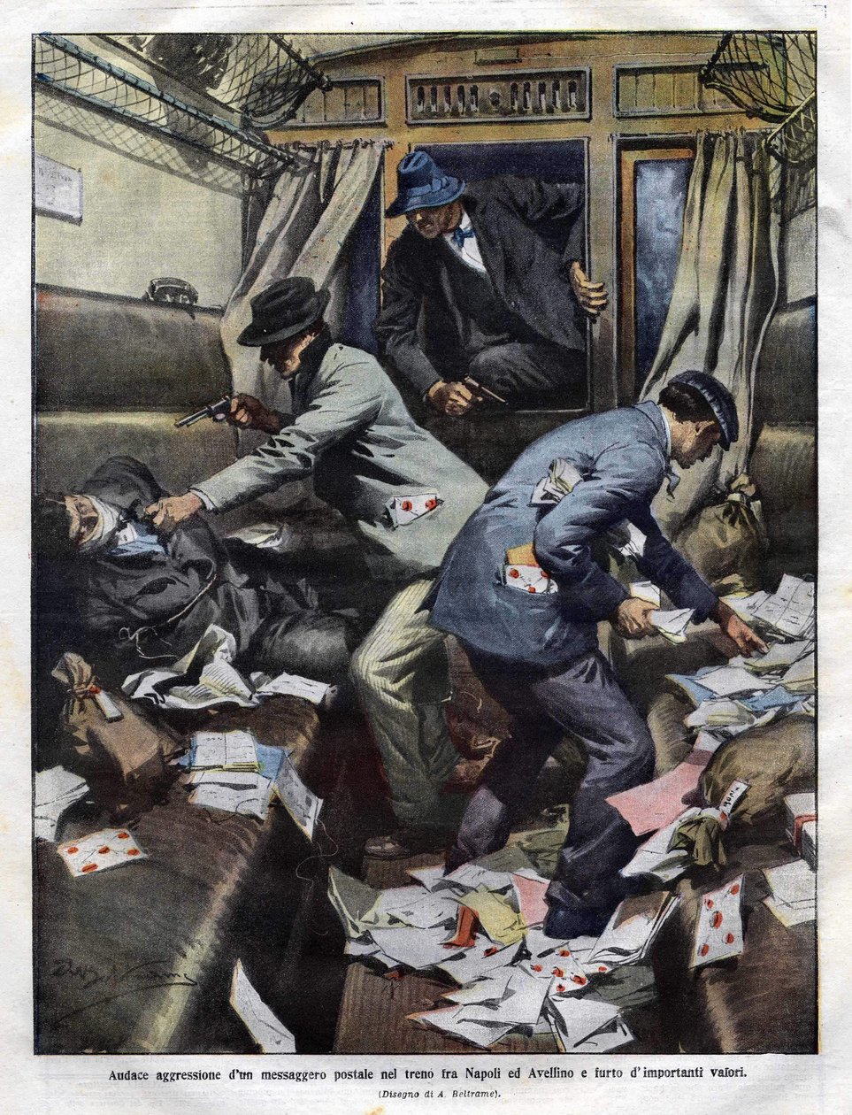 Banditenüberfall auf einen Postzug zwischen Neapel und Avellino im Jahr 1910 (Illustration von Achilles Beltrame für die „Domenica del Corriere“) von Achille Beltrame