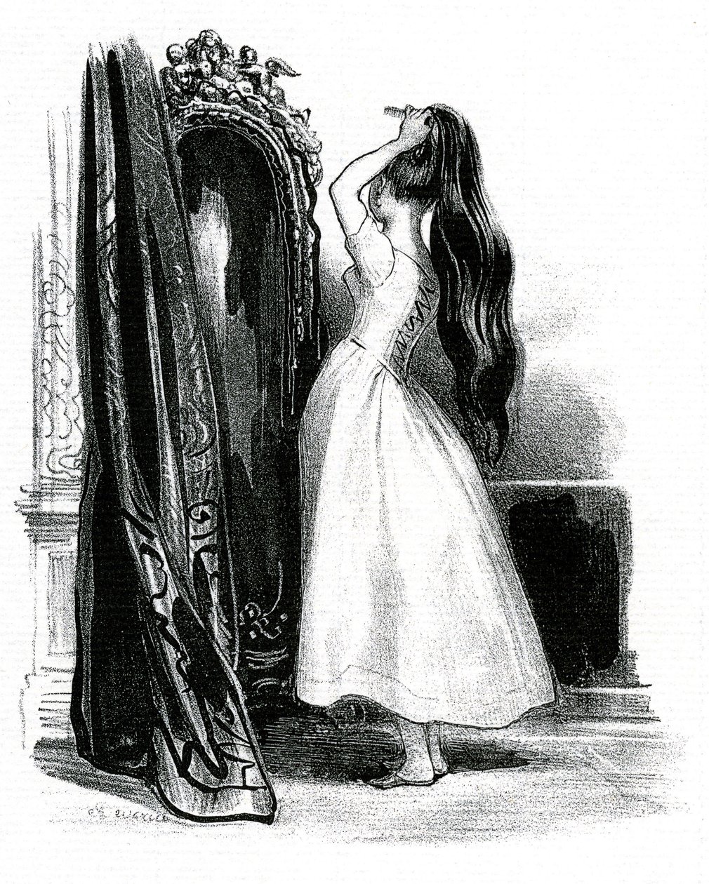 Madame Bovary, für Gustave Flauberts Roman - Emma Bovary häuft ihr langes Haar vor ihrem Spiegel von Achille Devéria