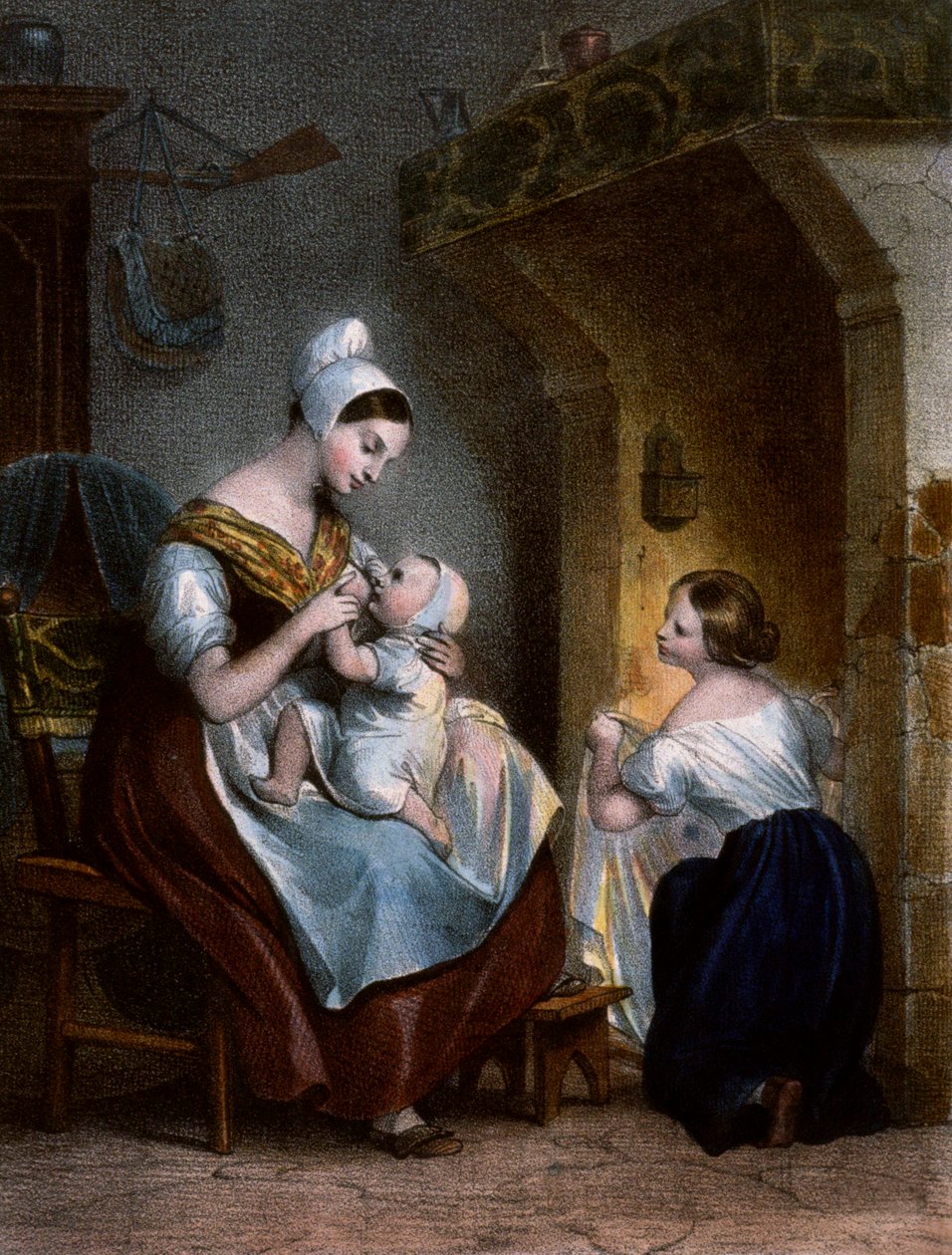 Krankenschwester stillt ein Baby. Lithografie, um 1850 von Achille Devéria