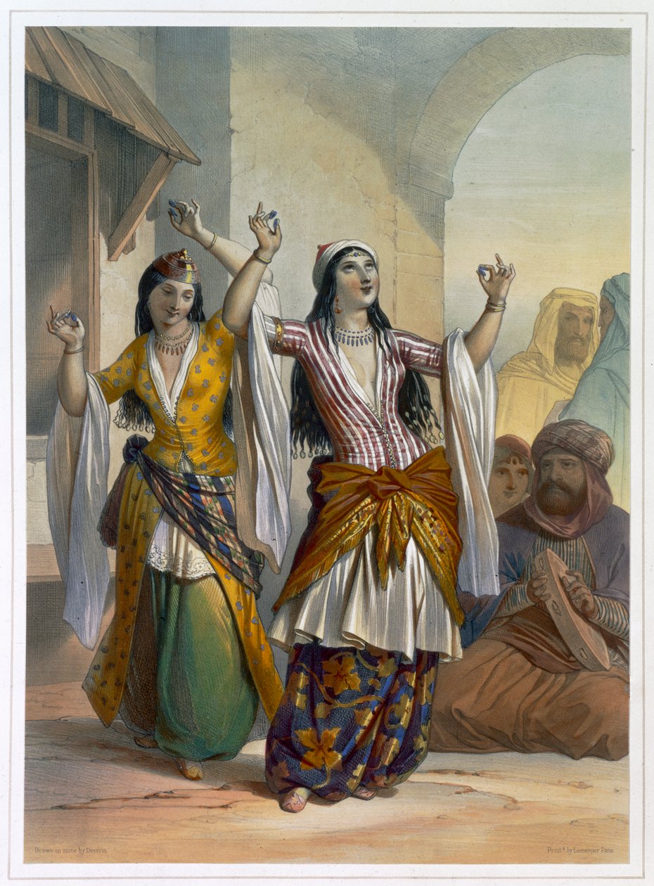 Ägyptische Tanzmädchen, die den Ghawazi in Rosetta, Ägypten, 1848 aufführen von Achille Devéria