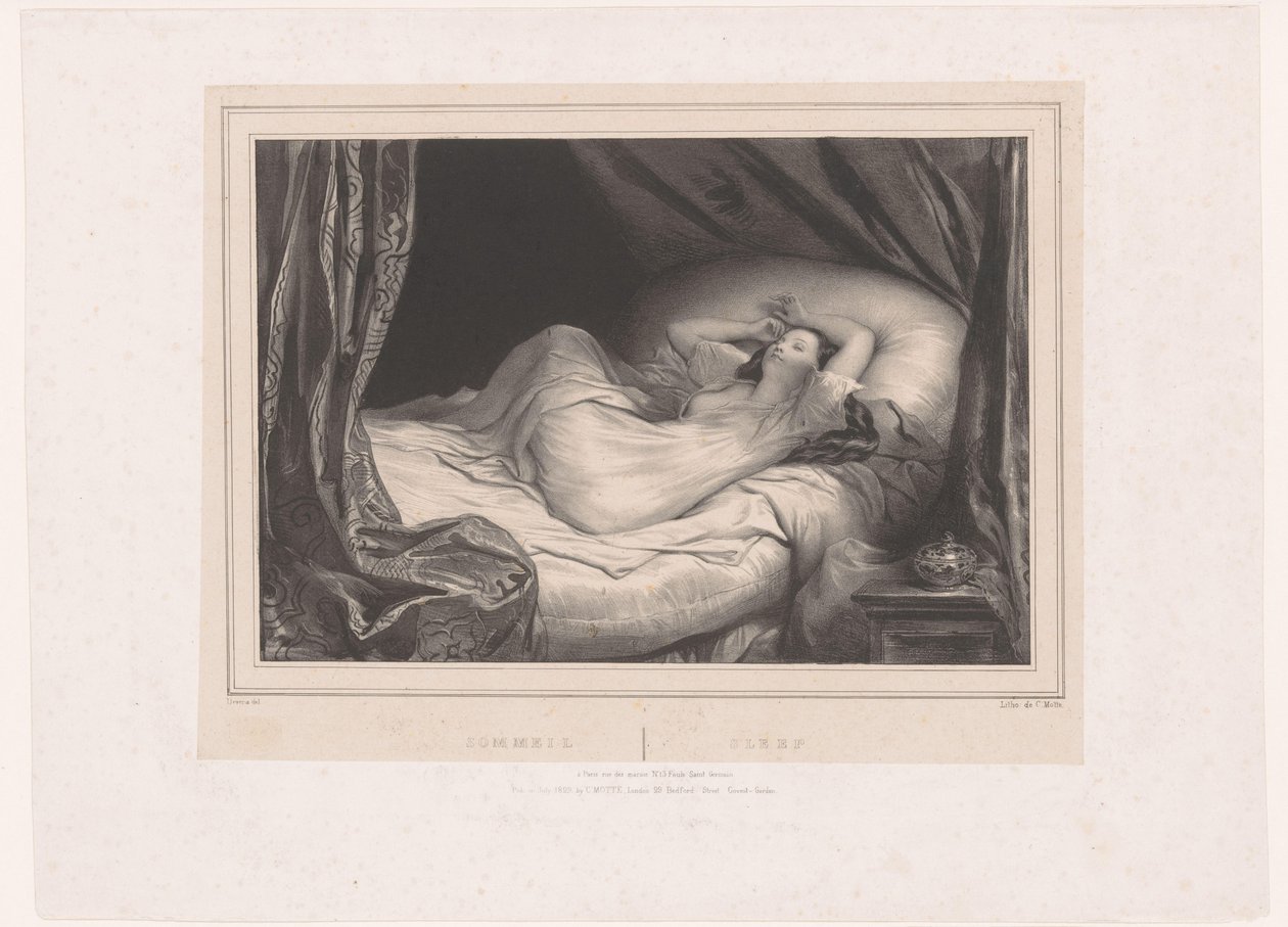 Mädchen schlafend auf einem Bett von Achille Devéria