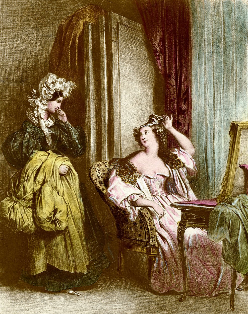 Die Toilette: eine elegante junge Frau mit ihrer Zofe. Lithographie von Achilles Deveria (1800-1857) 19. Jahrhundert. Privatsammlung von Achille Devéria