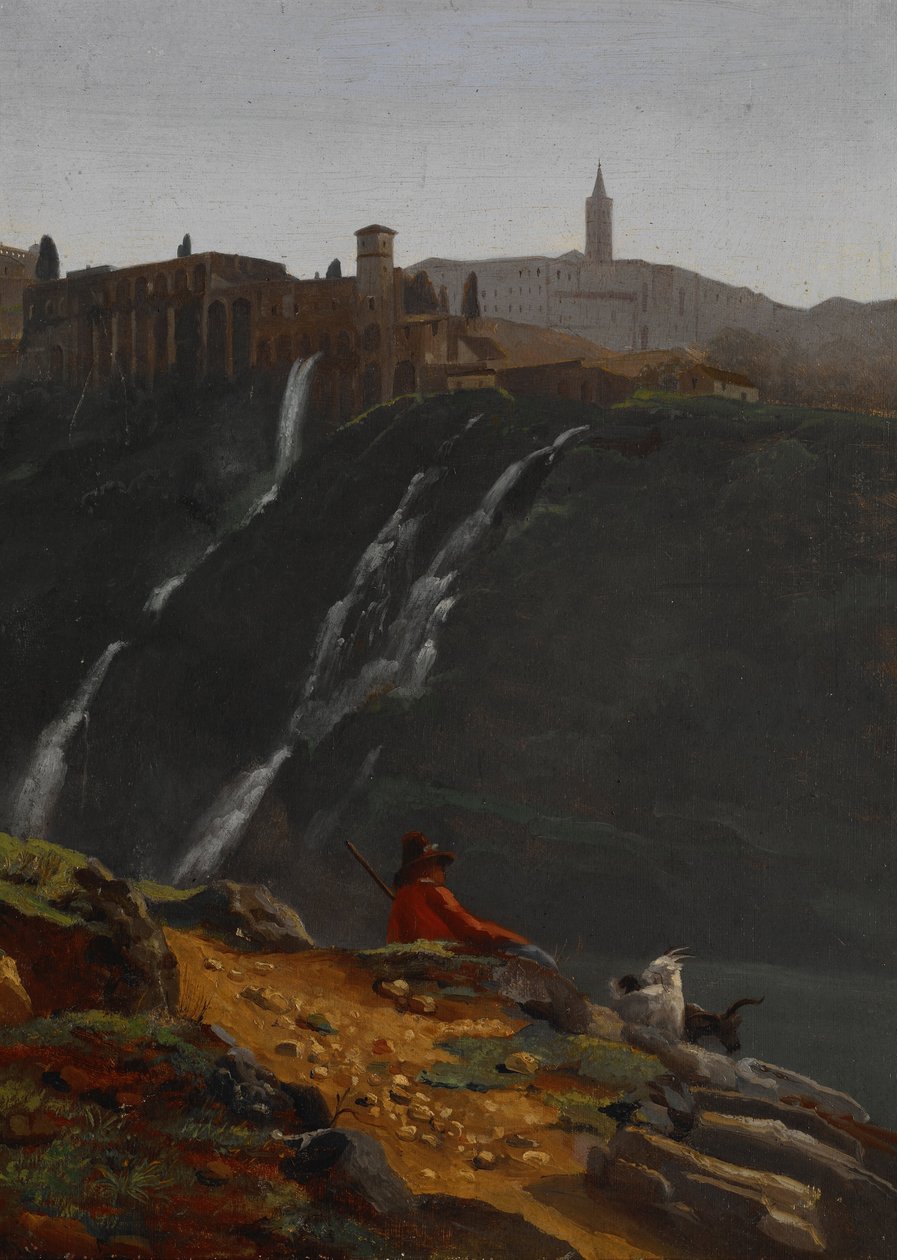 Ziegenhirt gegenüber den Wasserfällen von Tivoli von Achille Etna Michallon