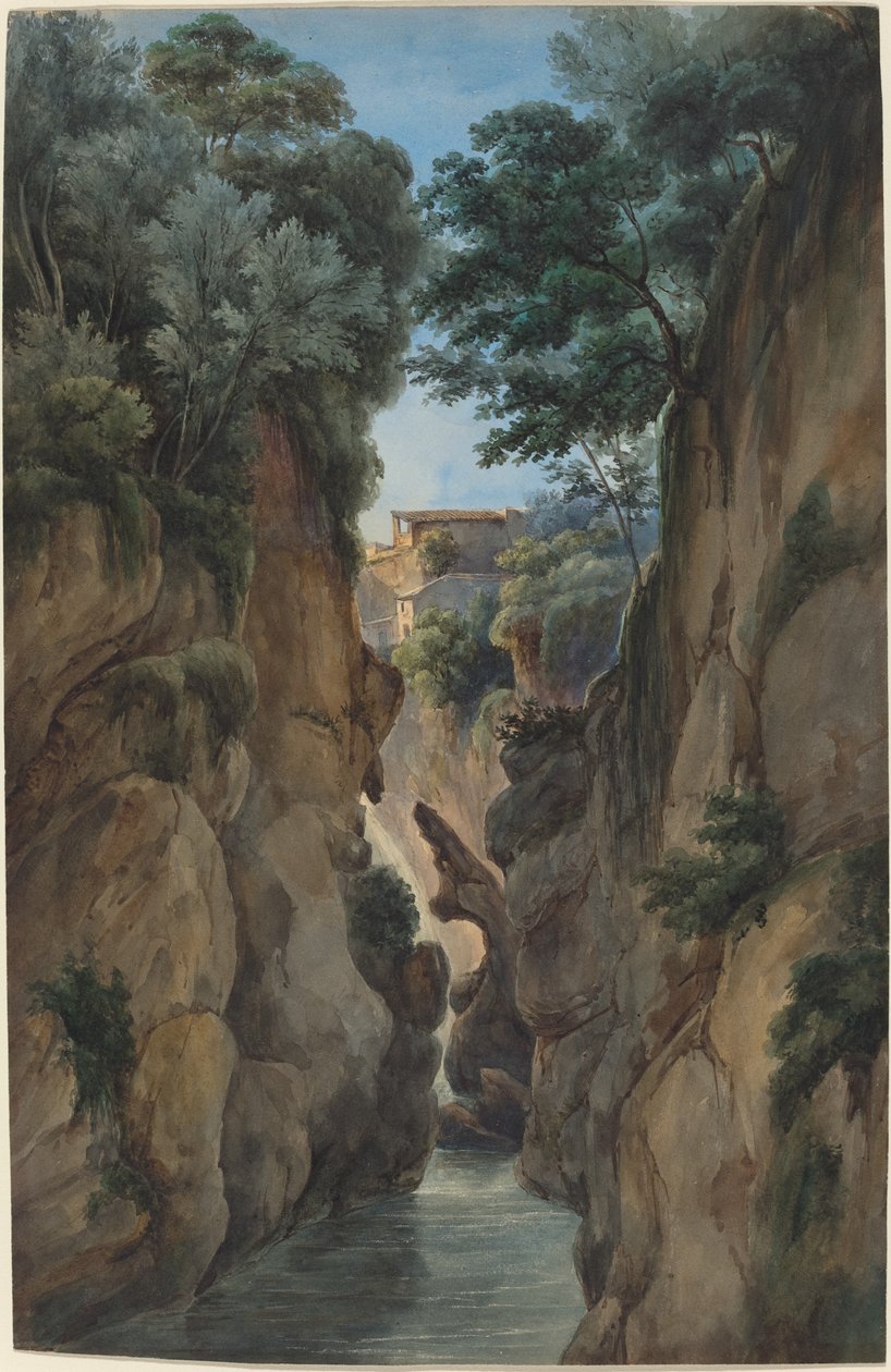 Blick auf einen Wasserfall durch eine Schlucht von Achille Etna Michallon