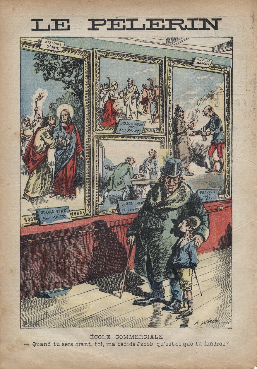 Karikatur Antisemit von Achille Lemot für „Le-Pelerin“ vom September 1896 - Handelsschule: wenn du ein Crant wirst, mein Bettgenosse Jacob, was wirst du teilen? von Achille Lemot