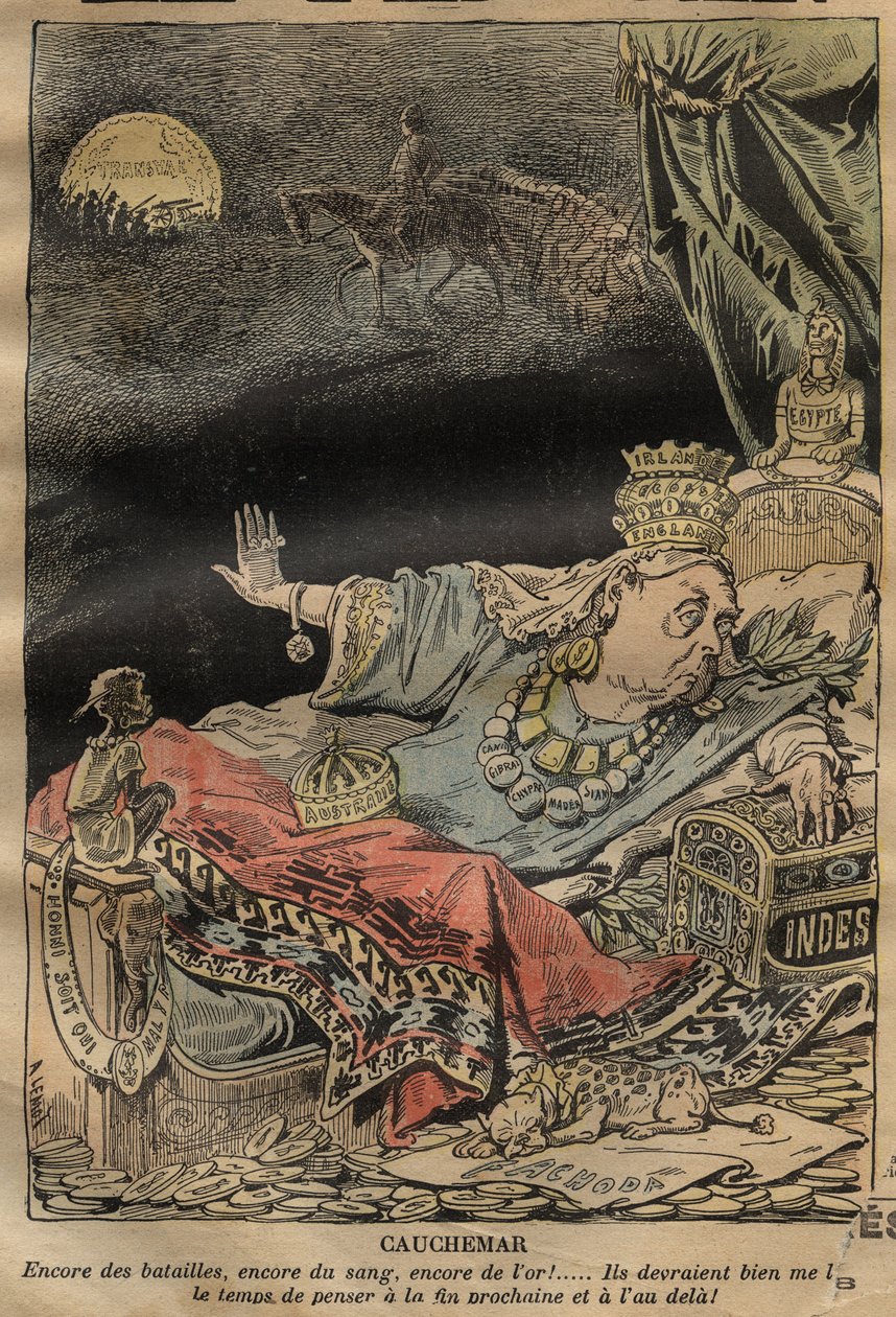 Karikatur auf Königin Victoria von Achille Lemot (1846-1909) - 1899 - Albtraum - mehr Schlachten, mehr Blut, mehr Gold... von Achille Lemot
