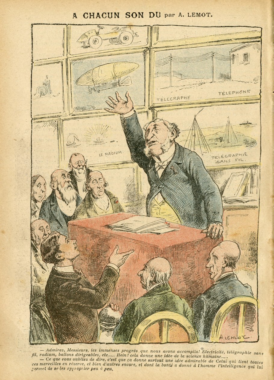 Illustration von Achille Lemot (1846-1909) in Le Pelerin, 22/09/07 - Moderne, Automobil, Religion Glaube, Atheismus, Fortschritt, Telegraph, Drahtlose Telegraphie, Telefon, Radium, Katholizismus - Intellektueller von Achille Lemot