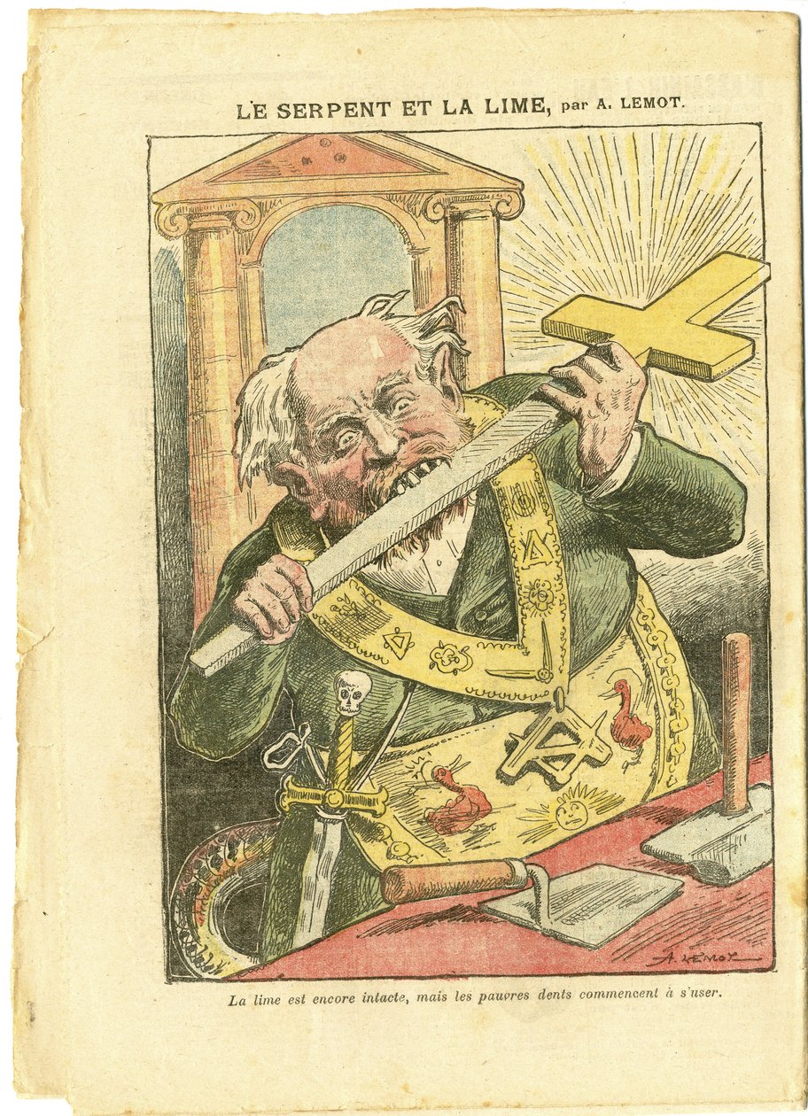 Illustration von Achille Lemot (1846-1909) in Le Pelerin, 23/05/09 - Die Schlange und die Limette - Antimasonismus Freimaurerei, Religion Glaube, Christliches Kreuz, Fabeln La Fontaine und andere, Katholizismus - Laizismus von Achille Lemot