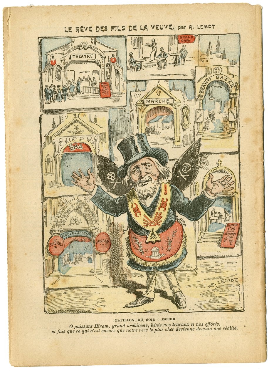 Illustration von Achille Lemot (1846-1909) in Le Pelerin, 23/09/06 - Der Traum der Söhne der Witwe - Antimilitarismus, Religion Glaube, Kirchen Kathedralen, Katholizismus - Laizisierung des religiösen Raums, Laizisierung Laizität Laizitätsgesetze - Hiram von Achille Lemot