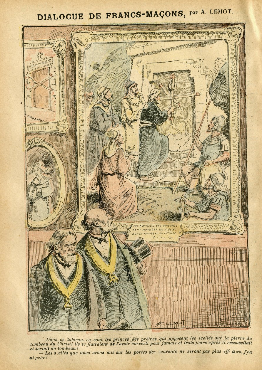 Illustration von Achille Lemot (1846-1909) in Le Pelerin, 31/03/07 - Dialog der Freimaurer - Kunst, Antimasonismus, Religion Glaube, Katholizismus - Trennung von Kirche und Staat, Inventare/Reaktionen auf Inventare von Achille Lemot