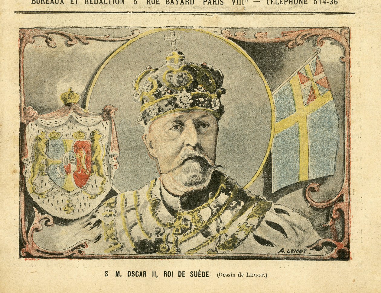 Illustration von Achille Lemot (1846-1909) in Le Pelerin, 02/07/05 - Seine Majestät Oscar II., König von Schweden - Monarchie, Schweden - Oscar II. von Achille Lemot