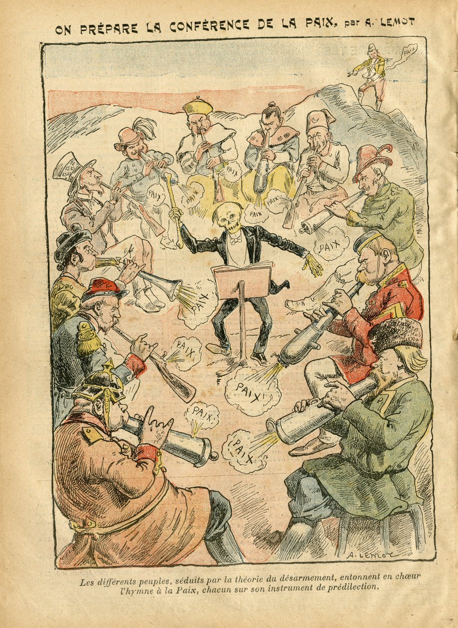 Illustration von Achille Lemot (1846-1909) in Le Pelerin, 03/02/07 - Vorbereitung der Friedenskonferenz - Russland, Deutschland Preußen, Asien, Musik, Amerika USA, England Großbritannien, Osten, Europa, Italien, China, Kanonen, Granaten, Frieden, Tanz, Fra von Achille Lemot