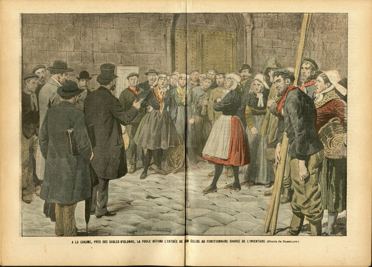 Illustration von Achille Lemot (1846-1909) in Le Pelerin, 04/02/06 - Religion Glaube, Menge, Kirchen Kathedralen, Katholizismus - Trennung von Kirche und Staat, Inventare/Reaktionen auf Inventare von Achille Lemot