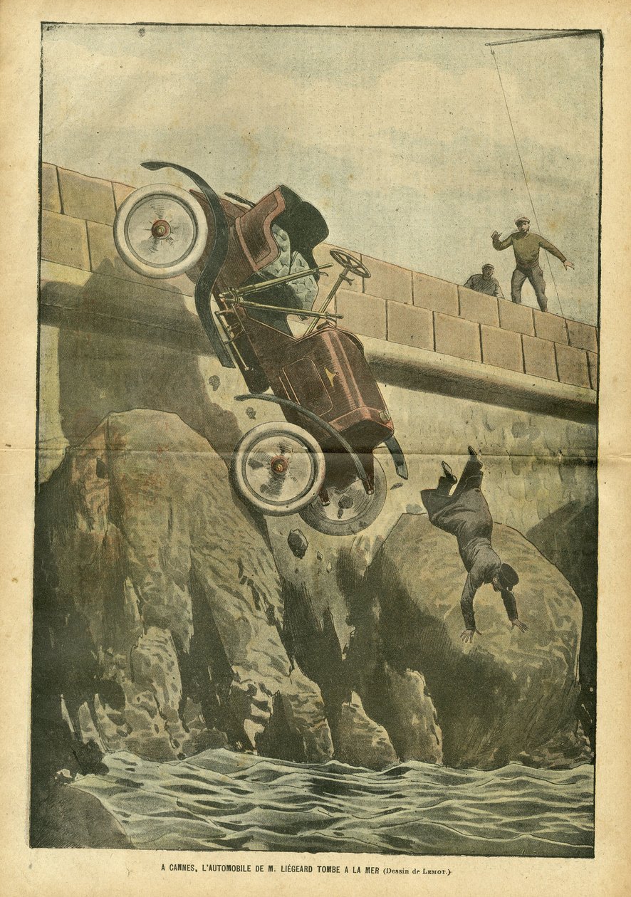 Illustration von Achille Lemot in Le Pelerin, 05/05/07 - In Cannes fällt das Auto von Herrn Liegard ins Meer - Verschiedene Fakten, Automobil, Marine Küste, Unfälle Katastrophen von Achille Lemot