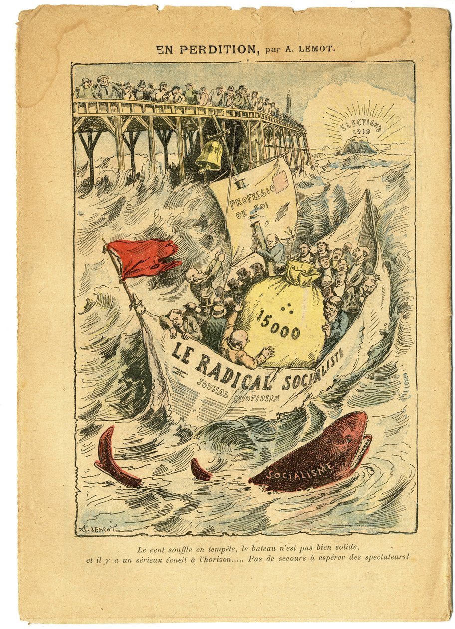 Illustration von Achille Lemot in Le Pelerin, 20/06/09 - In Verderben - Radikalismus, Wahlen, Antimakonismus, Meeresküste, Fünfzehntausend, Parlamentarische Entschädigungen, Radikale und Radikal-Sozialistische Partei - Fisch, Hai - Tiere von Achille Lemot