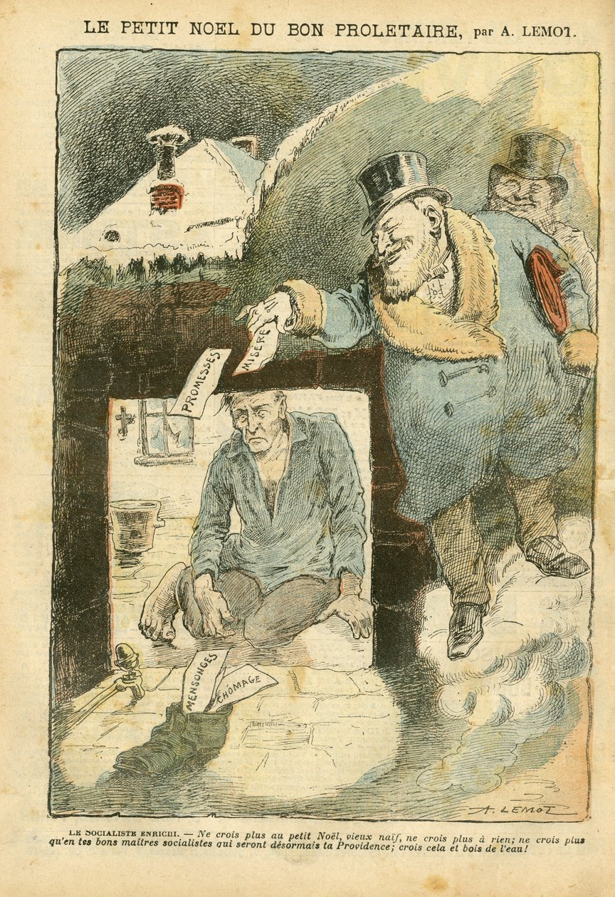 Illustration von Achille Lemot (1846-1909) in Le Pelerin, 25/12/04 - Das Weihnachtsfest des guten Proletariers - Wahlen, Elend, Winter, Leben der Reichen, Sozialismus - Arbeiter, Elend, Arm, Obdachlos - Opposition/Assoziation von Achille Lemot