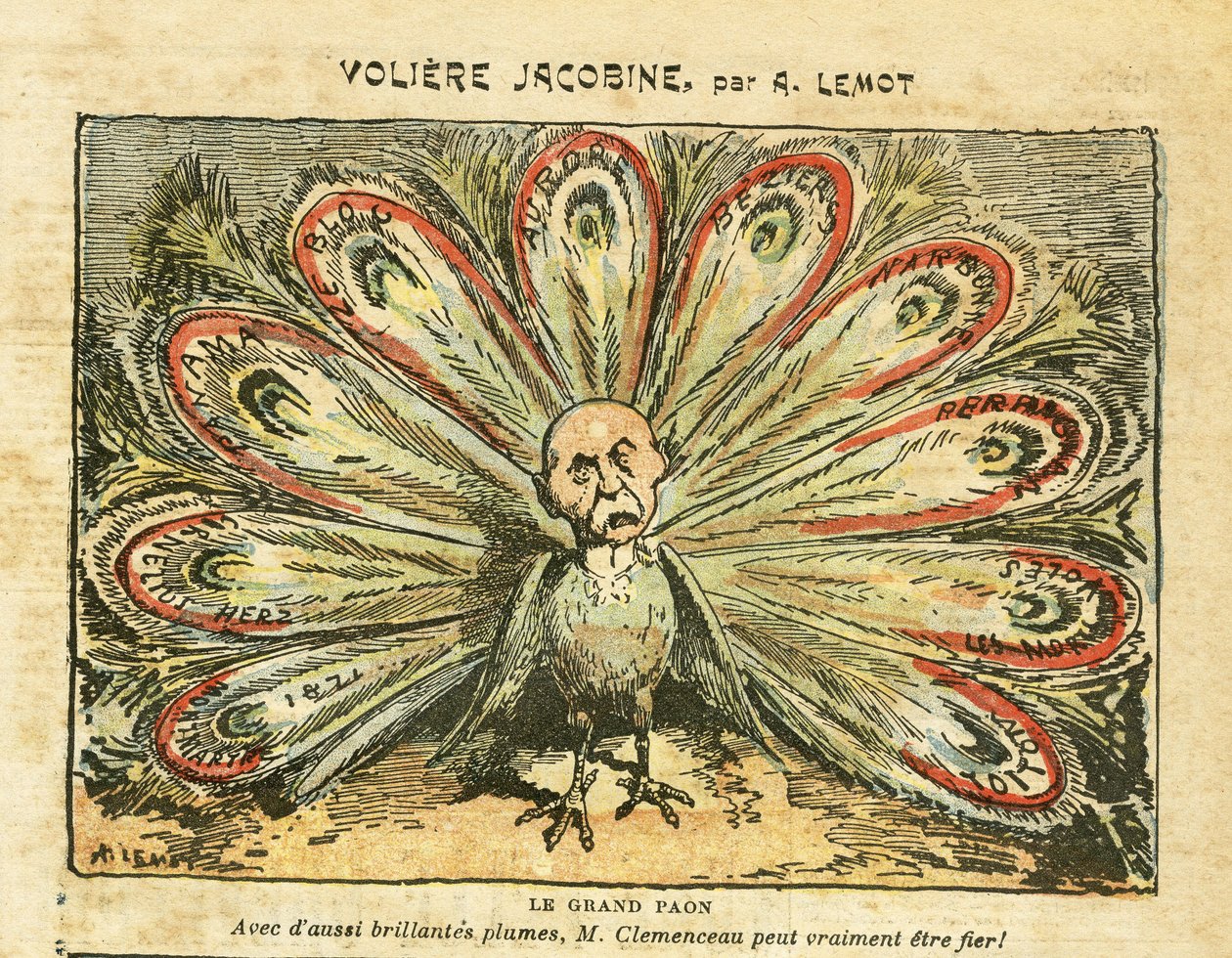 Illustration von Achille Lemot in Le Pelerin, 26/01/08 - Voliere jacobine - Bloc des Linken, Weinkrise Revolte des Winzer, Narbonne, Beziers, Aurore (Tagebuch) - Clemenceau George, Pfau, - Animalisation von Achille Lemot
