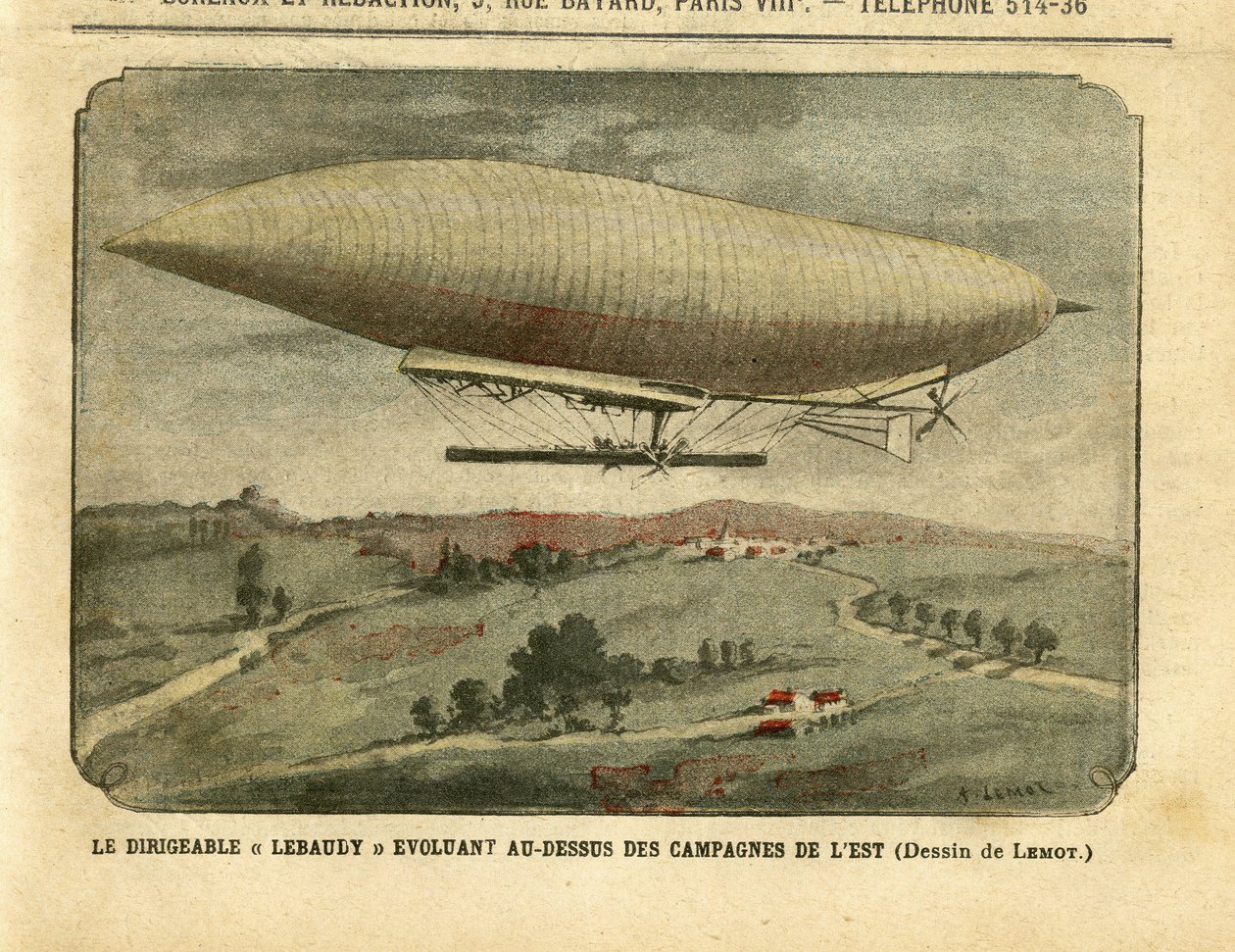 Illustration von Achille Lemot (1846-1909) in Le Pèlerin, 26/11/05 - Das Luftschiff "Lebaudy" über der östlichen Landschaft - Kampagne, Ballons Luftschiffe Zeppeline Aerostation, Lebaudy von Achille Lemot