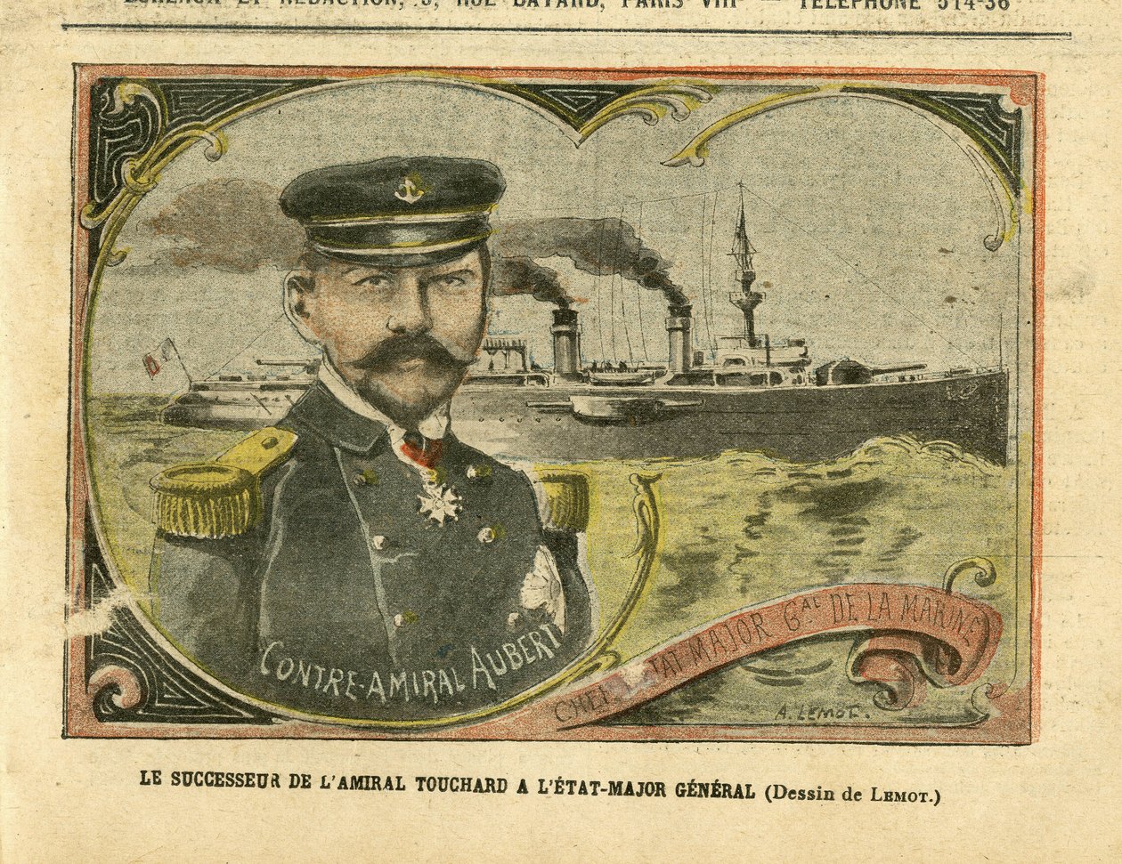 Illustration von Achille Lemot (1846-1909) in Le Pelerin, 27/08/05 - Der Nachfolger von Admiral Touchard im Generalstab - Armee, Marine, Stab, Kriegsschiffe - Admiral Admiräle, Aubert Marie Jacques Charles (1848-1915), Touchard Philippe (18 von Achille Lemot