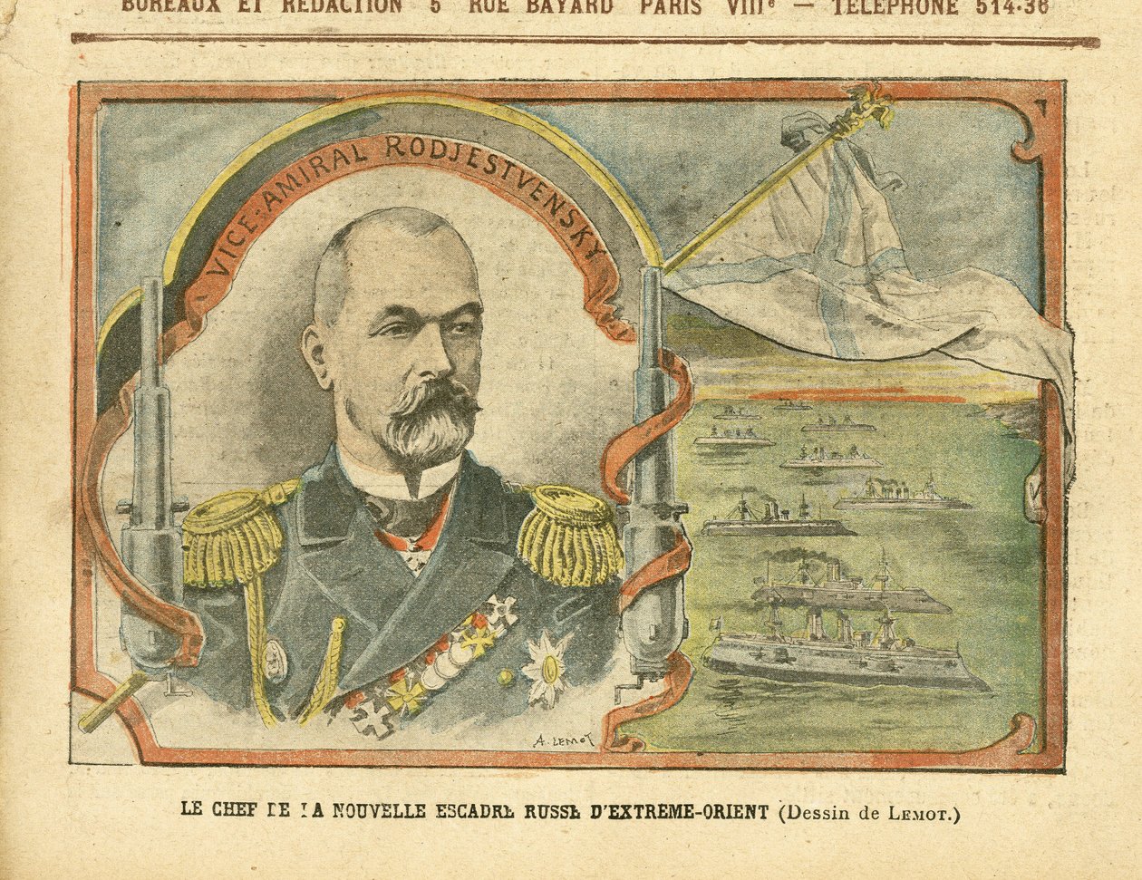 Illustration von Achille Lemot (1846-1909) in Le Pelerin, 30/04/05 - Der Anführer des neuen russischen Fernost-Geschwaders - Russland, Armee, Marine, Kriegsschiffe - Admiral Admiräle, Rodjestvensky (Zinovi Rozhestvensky) von Achille Lemot