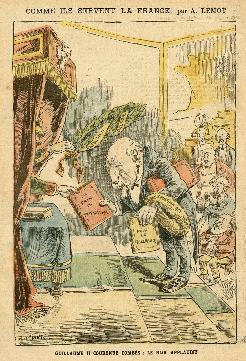 Illustration von Achille Lemot (1846-1909) in Le Pelerin, 31/01/04 - Wie sie Frankreich dienen - Deutschland Preußen, Religion Glaube, Bloc des Left, Patriotismus, Katholizismus - Vertreibungen von Religiösen - Combes Emile (1835-1921), Wilhelm II, Delsor  von Achille Lemot