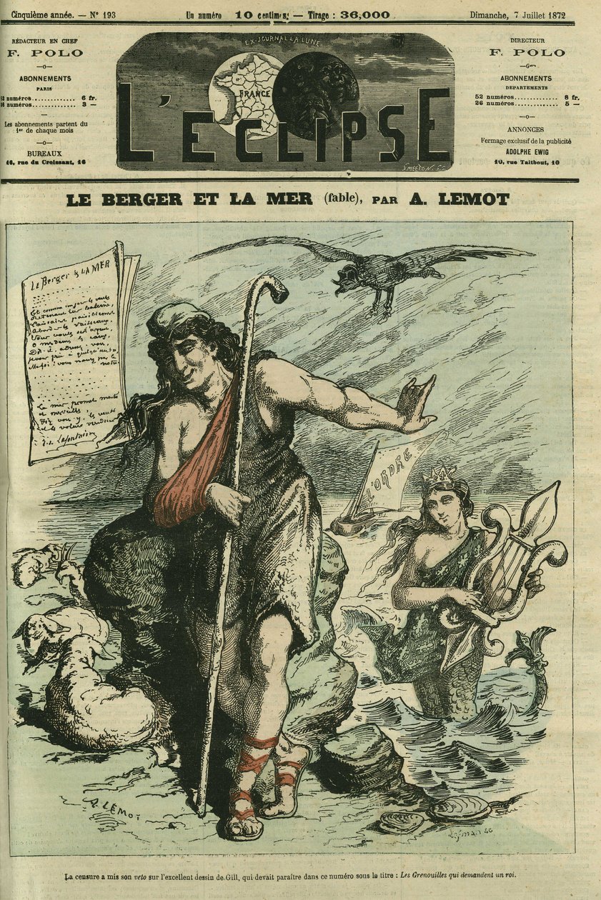 Der Hirte und das Meer illustriert eine Fabel, um den von der Zensur verbotenen Cartoon von Gill „Die Frösche, die einen König verlangen“ zu ersetzen. Titelblatt in „L