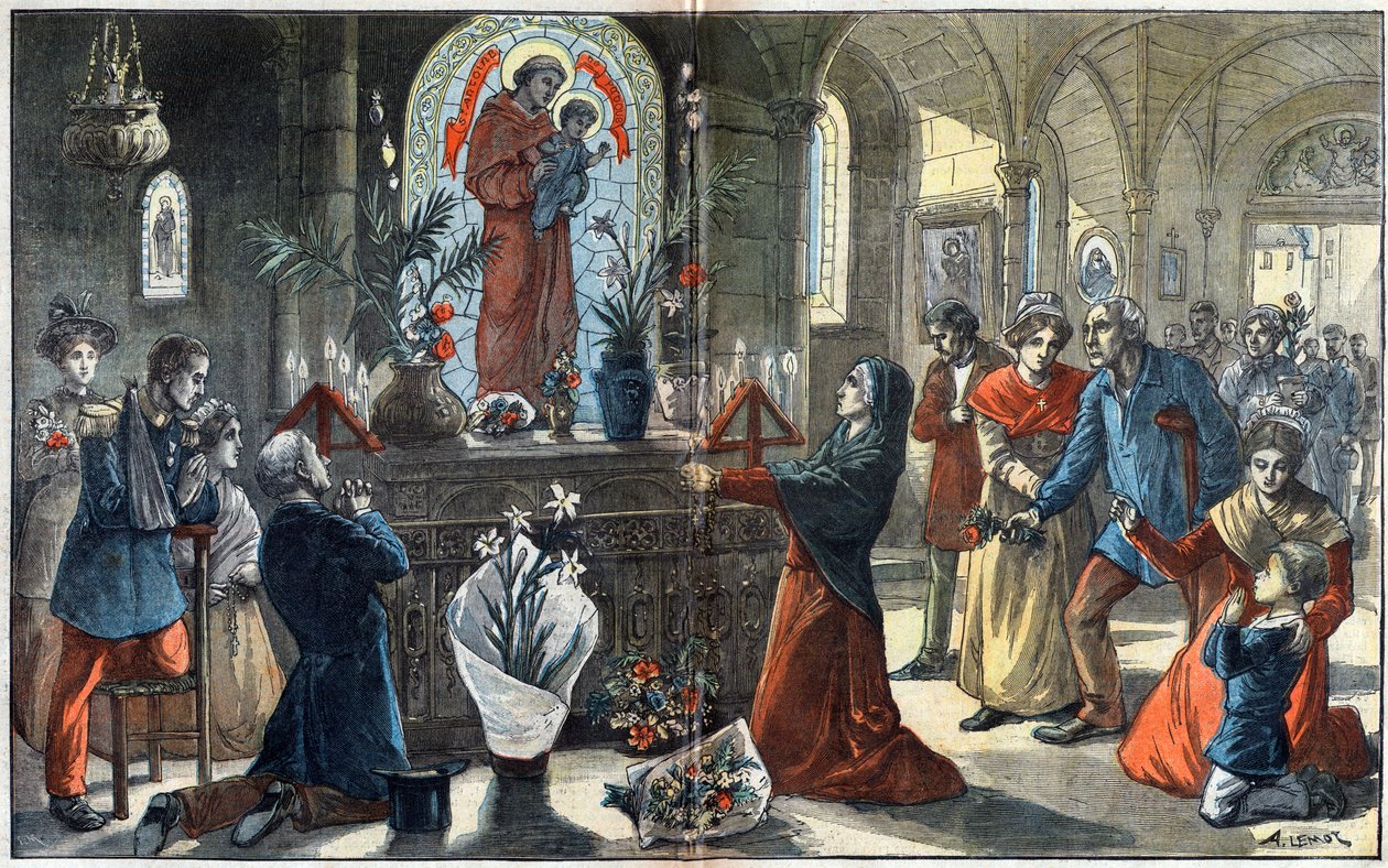 Die Andacht zu Sankt Antonius von Padua vereint vor seinem Altar alle Gesellschaftsschichten - Illustration von Achille Lemot in „Le-Pelerin“ von 1896 von Achille Lemot