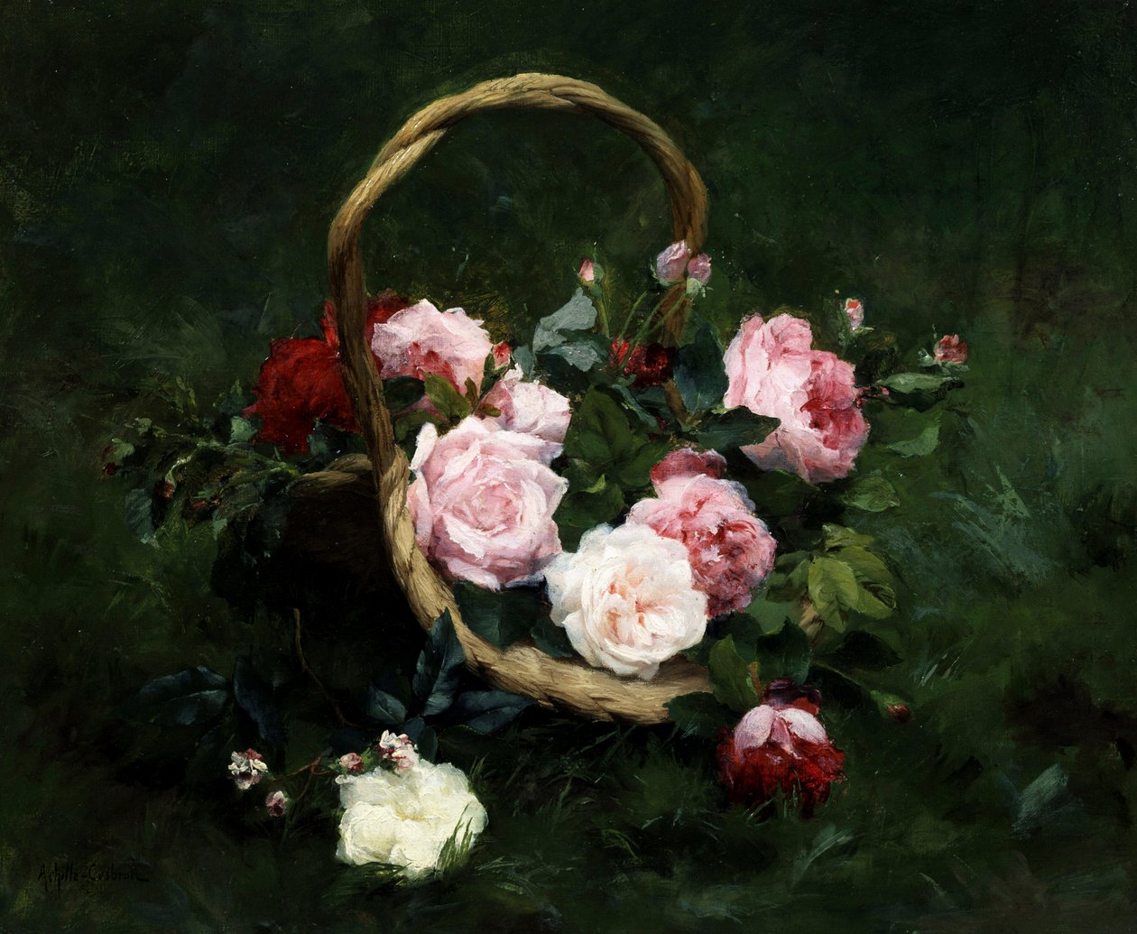Rosen in einem Korb von Achille Theodore Cesbron