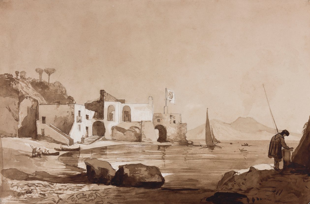 Hafen mit Borbone-Flagge und Vesuv im Süden, mit Ergänzungen eines Borbone-Schülers von Achille Vianelli