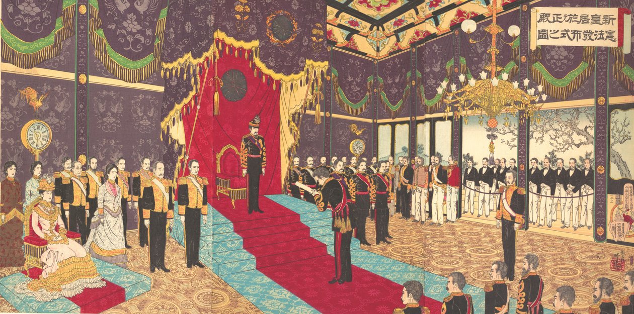 Ansicht der Ausgabe der Staatsverfassung in der Staatskammer von..., 2. März 1889 Meiji 22 von Adachi  Ginkō