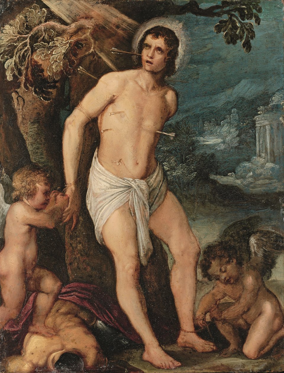 Heiliger Sebastian von Engeln betreut von Adam (circle of) Elsheimer