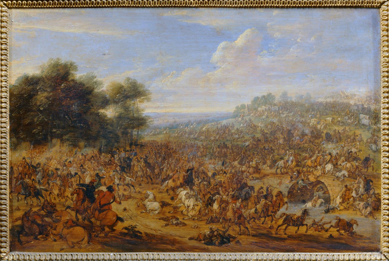 Schlacht in der Nähe einer Brücke von Adam Frans van der (circle of) Meulen