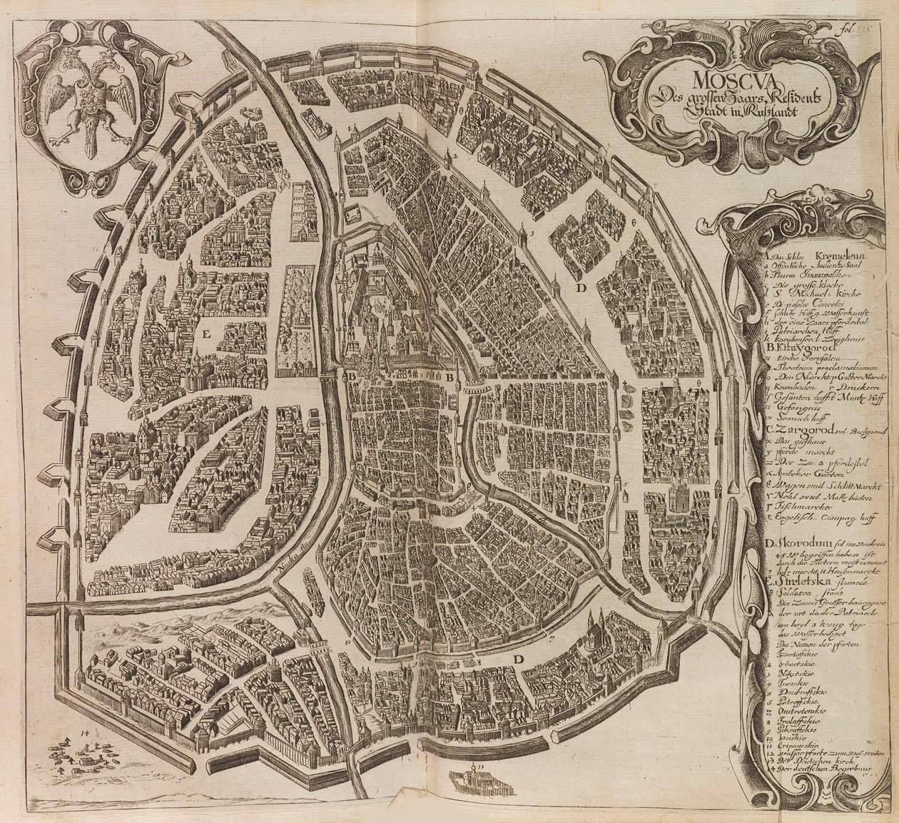 Karte von Moskau. Aus: Vermehrte Newe Beschreibung der Muscowitischen..., 1656 von Adam Olearius