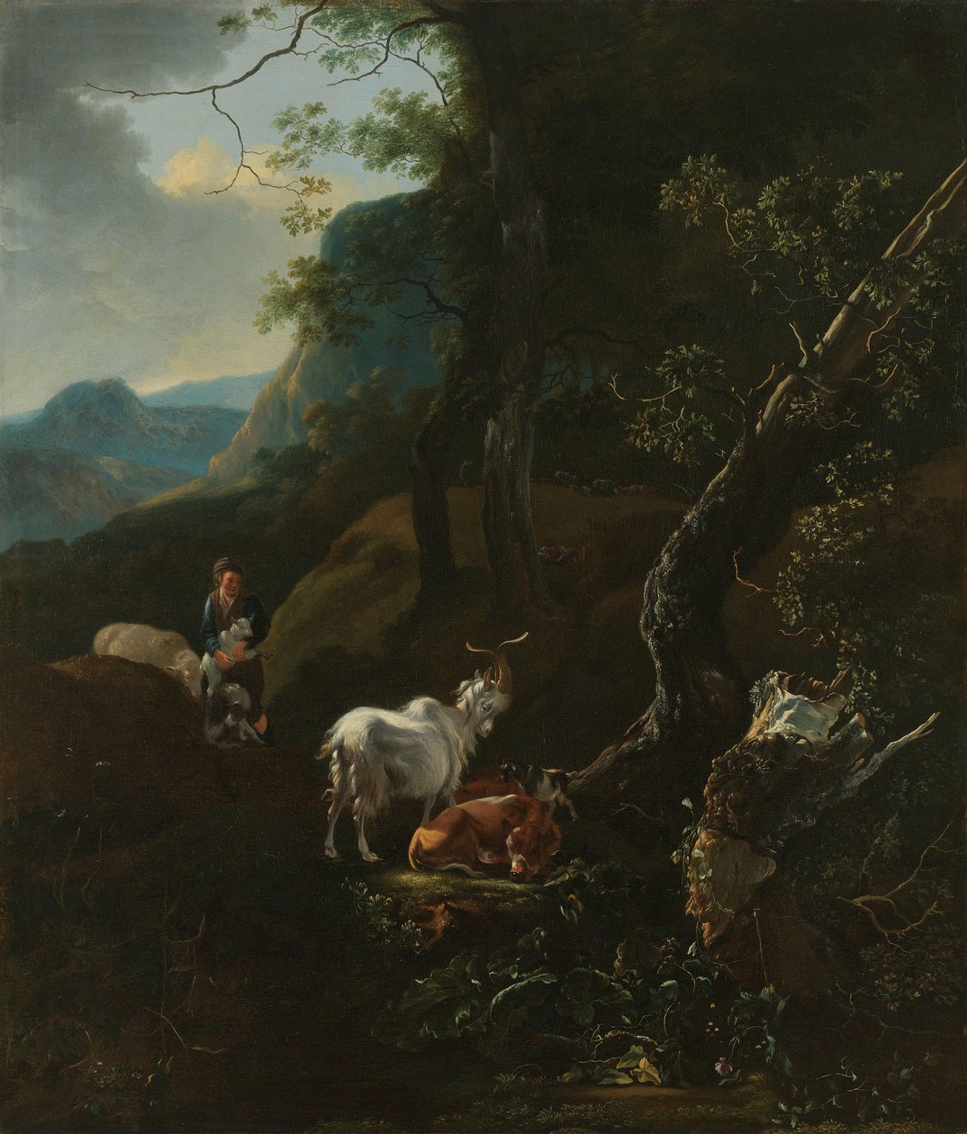 Eine Schäferin mit Tieren in einer bergigen Landschaft von Adam Pynacker