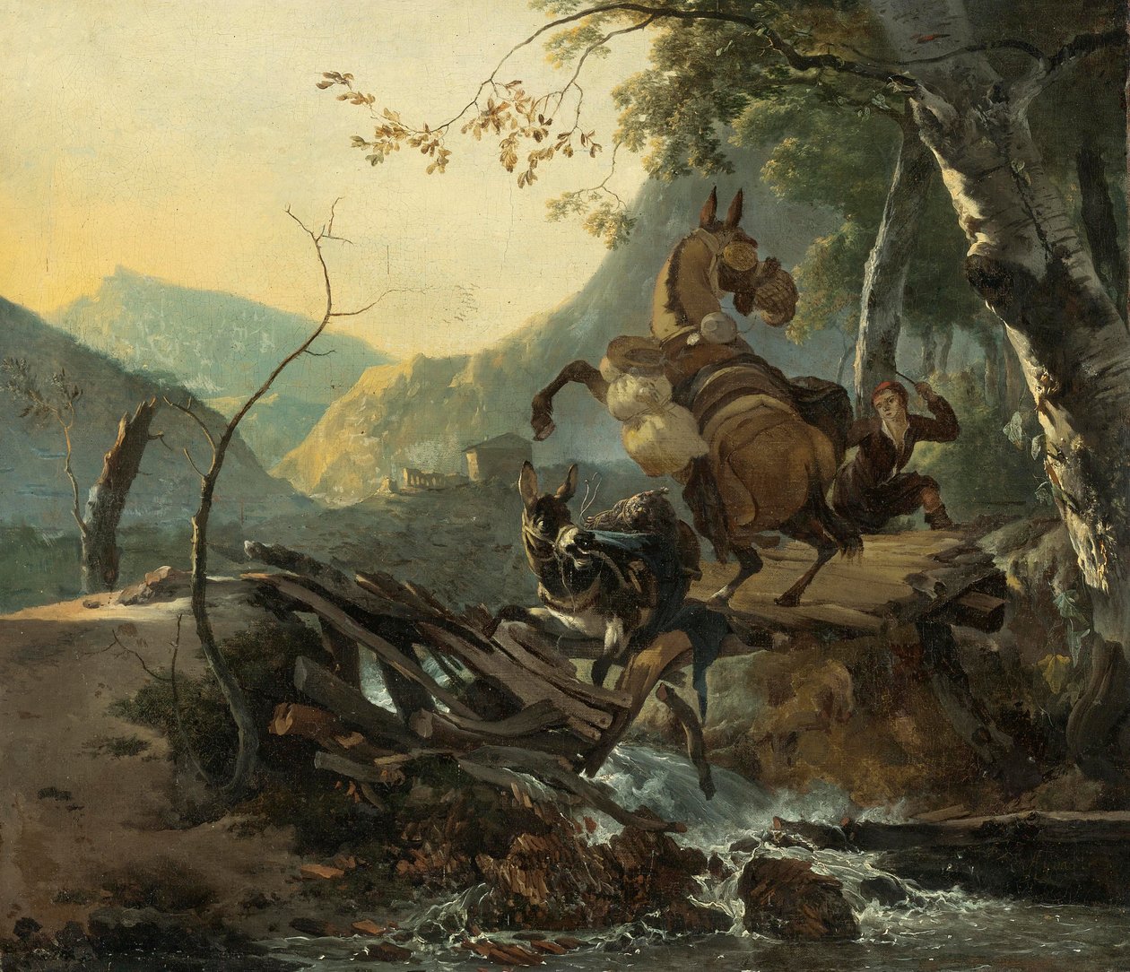 Italienische Landschaft mit zwei Eseln, die eine einstürzende Brücke überqueren von Adam Pynacker