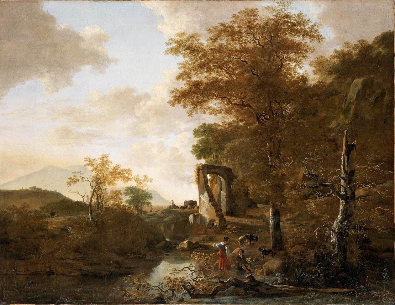 Landschaft mit gewölbtem Tor (Landschaft mit einem Steintor und Teich) von Adam Pynacker
