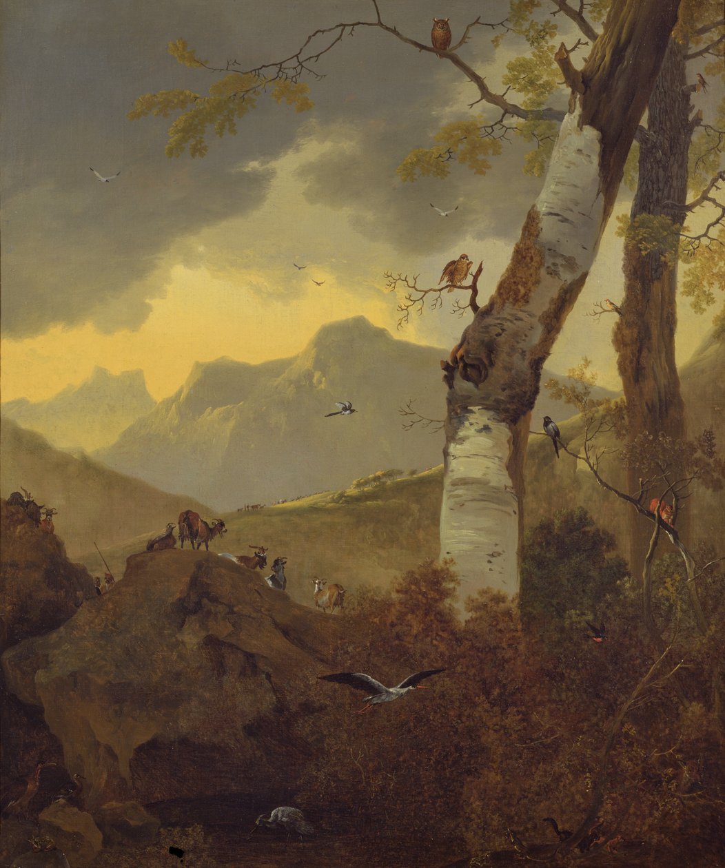 Gebirgslandschaft mit Ziegen und Vögeln von Adam Pynacker
