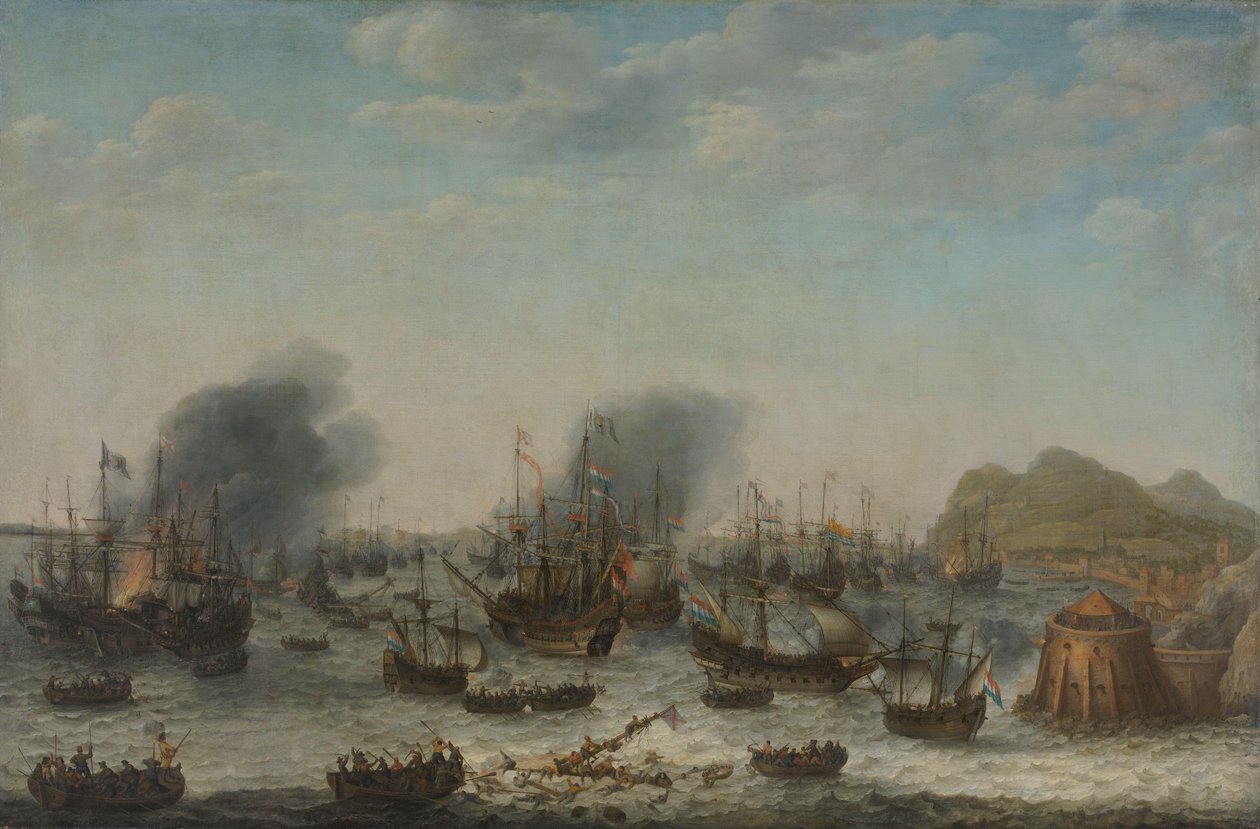 Die Niederlage der Spanier bei Gibraltar durch eine niederländische Flotte unter dem Kommando von Admiral Jacob van Heemskerck, 25. April 1607 von Adam Willaerts (signed by artist)