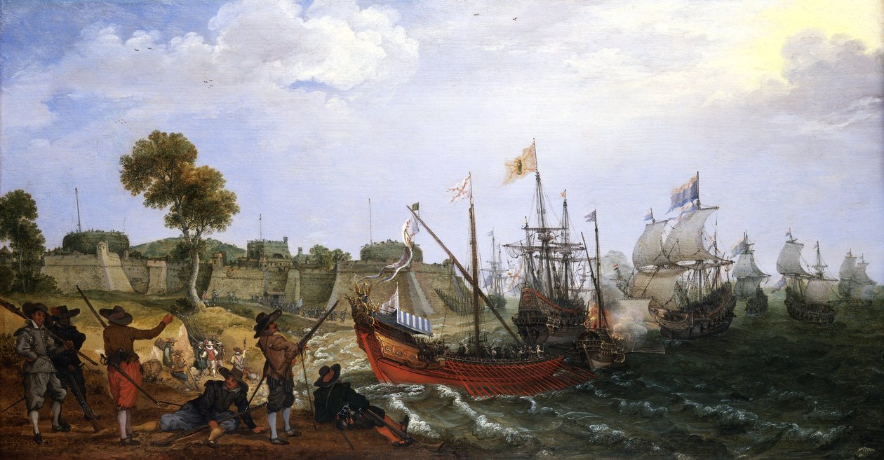 Ein niederländisches Kriegsgeschwader greift eine spanische Kolonialfestung an, verteidigt von Booten von Adam Willaerts