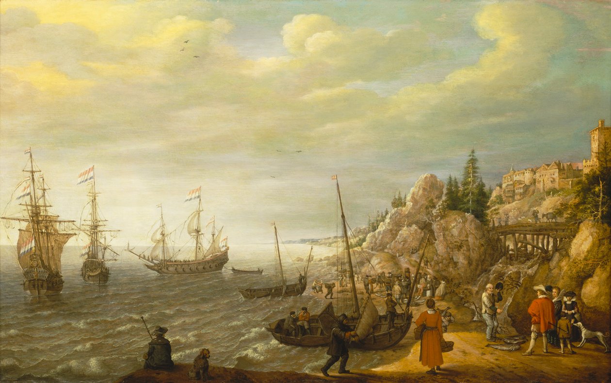 Niederländische Schiffe vor einer befestigten skandinavischen Stadt vor Anker von Adam Willaerts